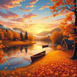 A stunning and vibrant illustration depicting an enchanting autumn landscape at sunrise, with golden leaves covering the ground, a tranquil lake reflecting the colorful sky, and gentle hills in the background