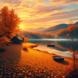 A stunning and vibrant illustration depicting an enchanting autumn landscape at sunrise, with golden leaves covering the ground, a tranquil lake reflecting the colorful sky, and gentle hills in the background