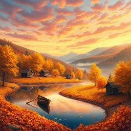 A stunning and vibrant illustration depicting an enchanting autumn landscape at sunrise, with golden leaves covering the ground, a tranquil lake reflecting the colorful sky, and gentle hills in the background