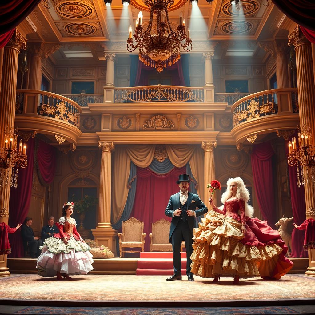 An exaggerated 19th century melodrama theatre set design featuring an opulent stage with oversized props, flamboyant details, and vibrant colors