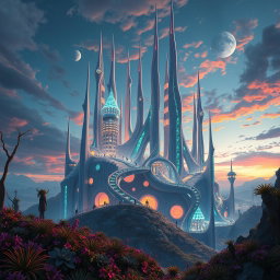 A stunning vision of alien architecture showcasing futuristic and abstract designs, featuring soaring spires and organic forms intertwined with luminescent structures