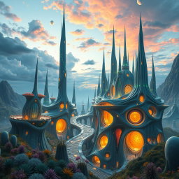 A stunning vision of alien architecture showcasing futuristic and abstract designs, featuring soaring spires and organic forms intertwined with luminescent structures