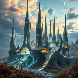 A stunning vision of alien architecture showcasing futuristic and abstract designs, featuring soaring spires and organic forms intertwined with luminescent structures