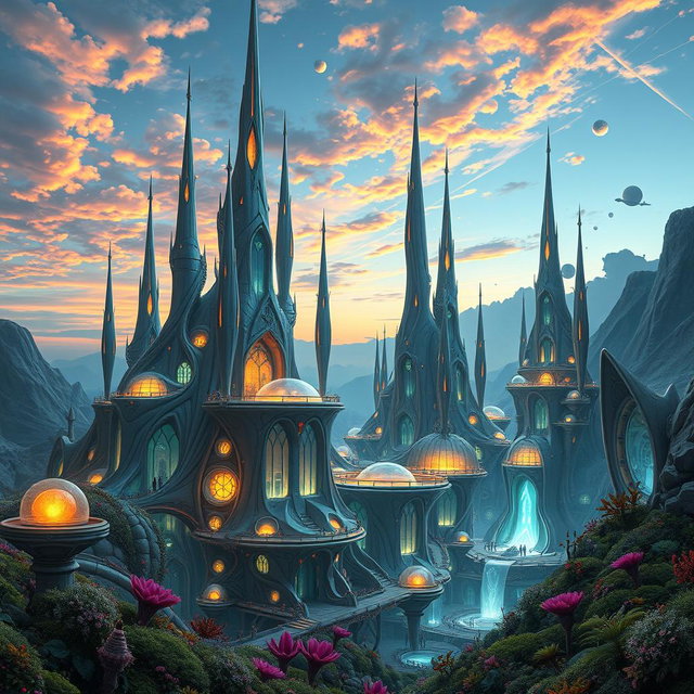 A stunning vision of alien architecture showcasing futuristic and abstract designs, featuring soaring spires and organic forms intertwined with luminescent structures