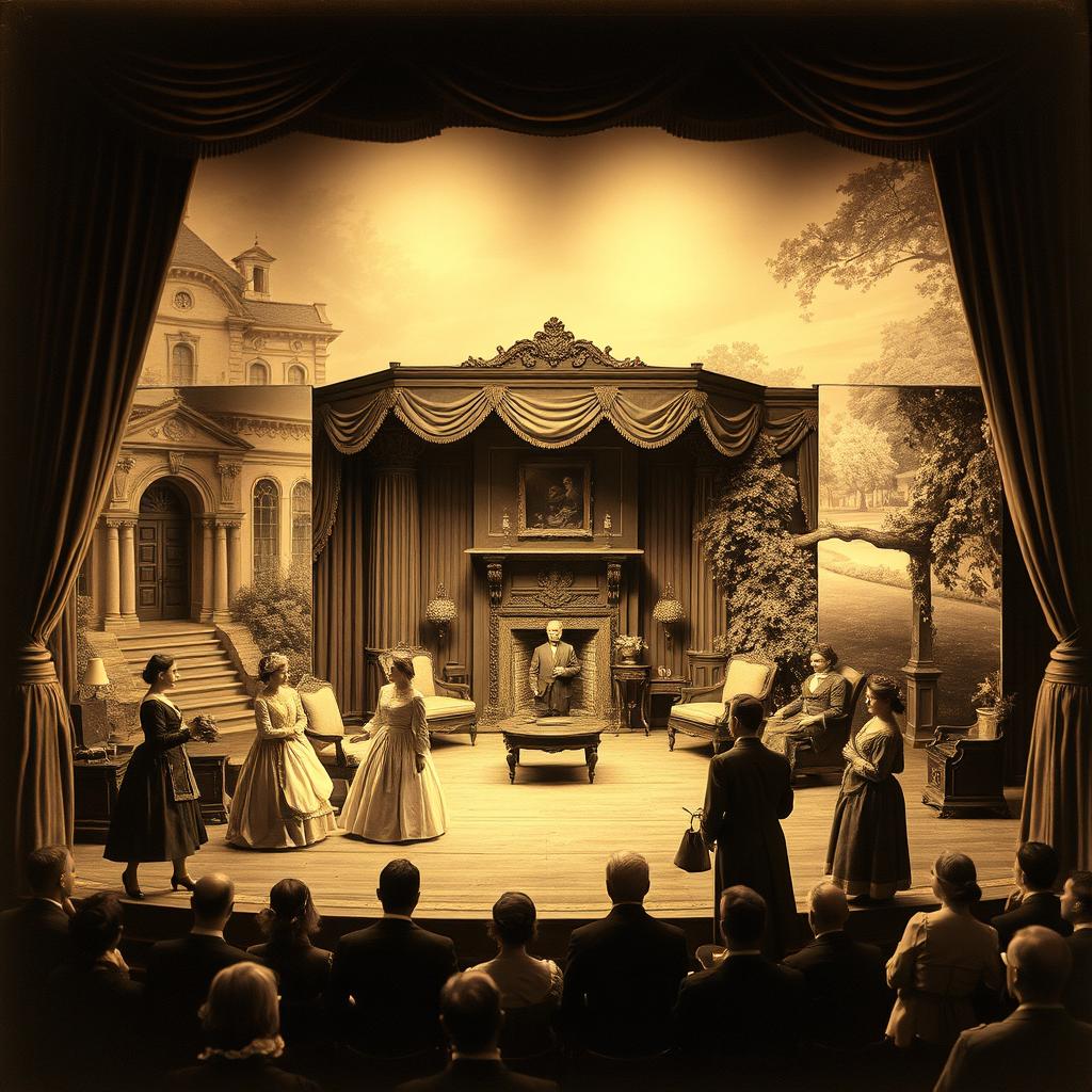 An authentic 19th century melodrama stage set design depicted as an old, sepia-toned photograph