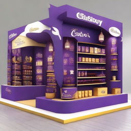 Design a 240x160x150 cm Cadbury stand, merging smart design with Ramadan allure. The stand should display Islamic-inspired shapes, glass panels, soft lighting, and shelves embellished with Ramadan lanterns, representing an innovative and indulgent chocolate experience.