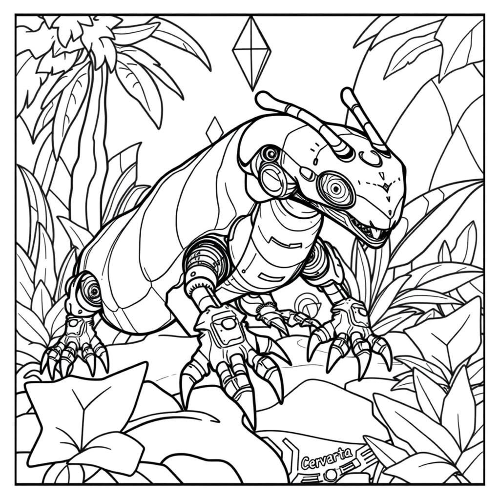 A black and white coloring page design featuring an advanced and futuristic Velvet Worm AI with a sleek and agile robotic body