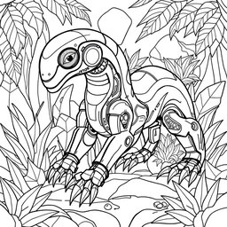 A black and white coloring page design featuring an advanced and futuristic Velvet Worm AI with a sleek and agile robotic body
