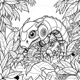 A black and white coloring page design featuring an advanced and futuristic Velvet Worm AI with a sleek and agile robotic body