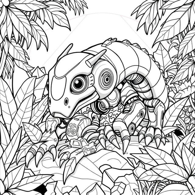 A black and white coloring page design featuring an advanced and futuristic Velvet Worm AI with a sleek and agile robotic body
