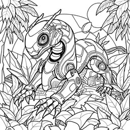 A black and white coloring page design featuring an advanced and futuristic Velvet Worm AI with a sleek and agile robotic body