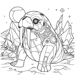A black and white coloring page featuring an advanced AI walrus with a futuristic design