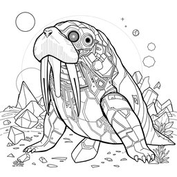 A black and white coloring page featuring an advanced AI walrus with a futuristic design