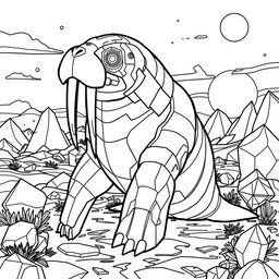 A black and white coloring page featuring an advanced AI walrus with a futuristic design