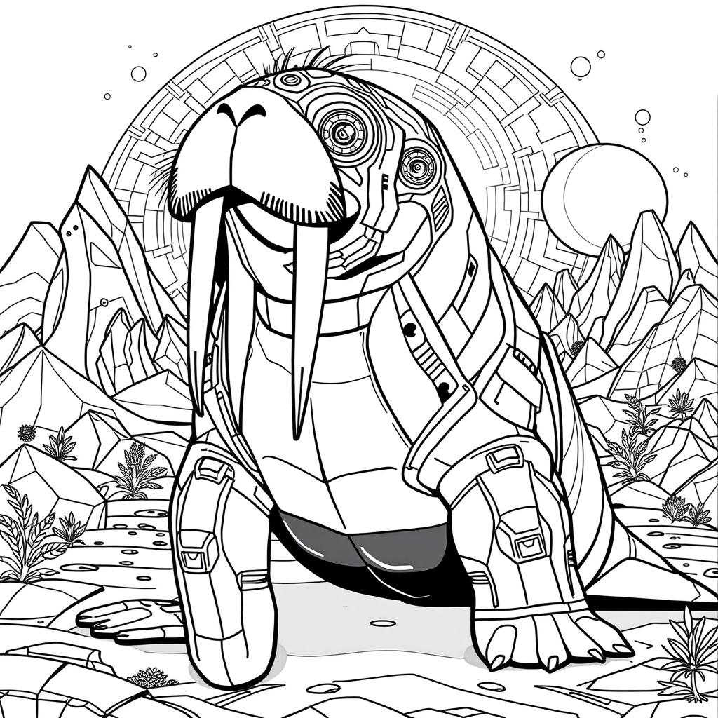 A black and white coloring page featuring an advanced AI walrus with a futuristic design