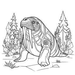A sophisticated black and white coloring page featuring a futuristic walrus designed with sleek, flowing shapes
