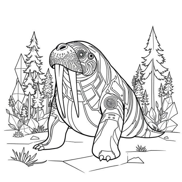 A sophisticated black and white coloring page featuring a futuristic walrus designed with sleek, flowing shapes