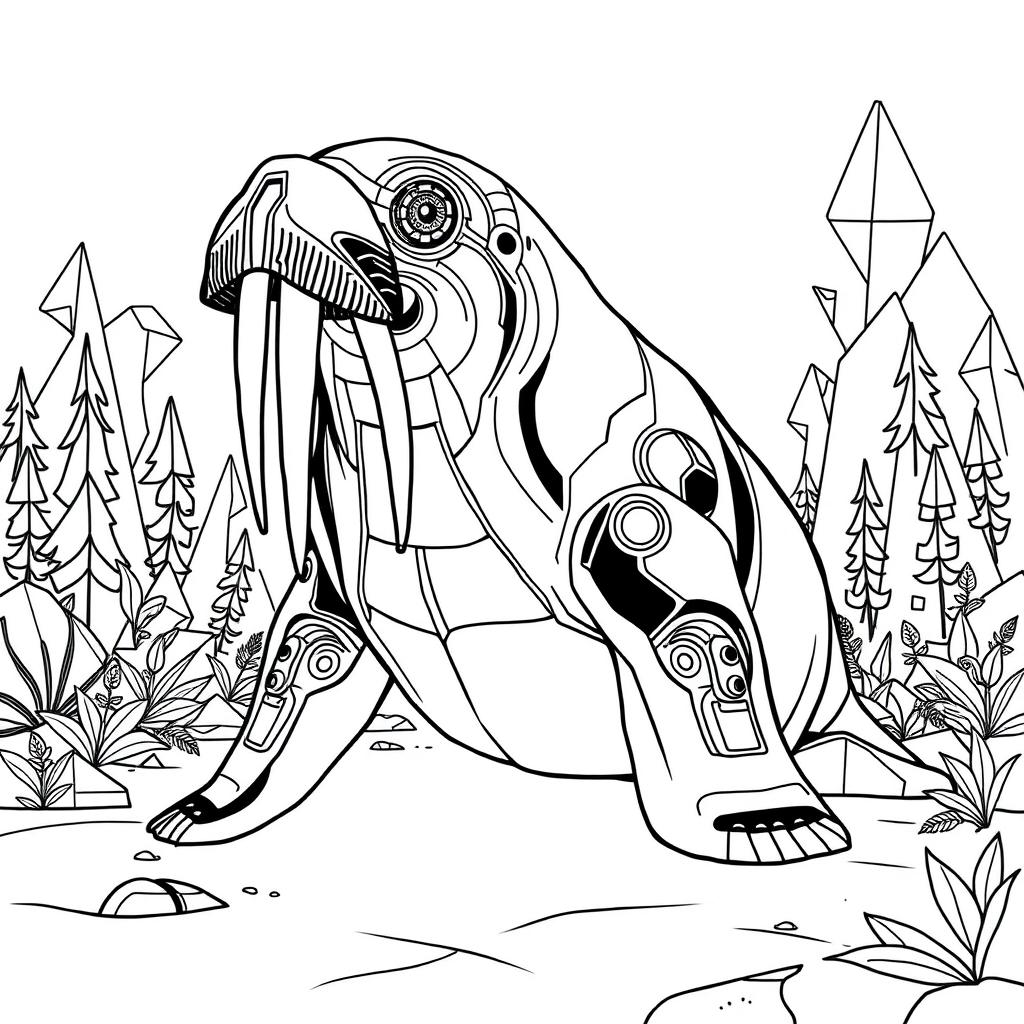 A sophisticated black and white coloring page featuring a futuristic walrus designed with sleek, flowing shapes