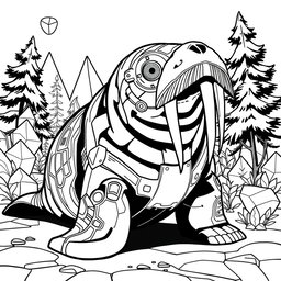 A sophisticated black and white coloring page featuring a futuristic walrus designed with sleek, flowing shapes