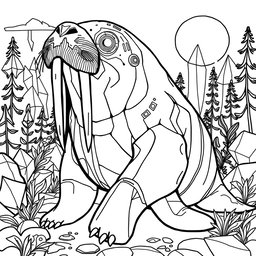 A sophisticated black and white coloring page featuring a futuristic walrus designed with sleek, flowing shapes