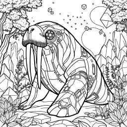 A black and white coloring page featuring an advanced, futuristic walrus with a modern, flowing shape