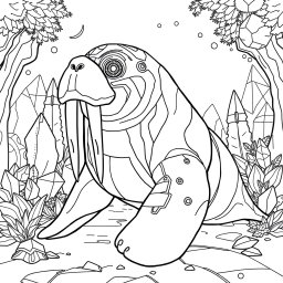 A black and white coloring page featuring an advanced, futuristic walrus with a modern, flowing shape