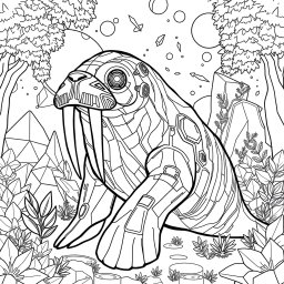 A black and white coloring page featuring an advanced, futuristic walrus with a modern, flowing shape