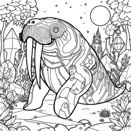 A black and white coloring page featuring an advanced, futuristic walrus with a modern, flowing shape