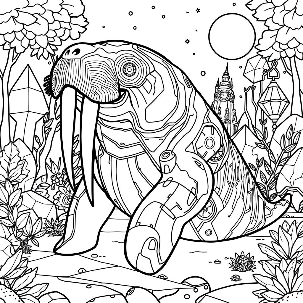 A black and white coloring page featuring an advanced, futuristic walrus with a modern, flowing shape