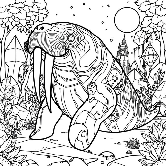 A black and white coloring page featuring an advanced, futuristic walrus with a modern, flowing shape