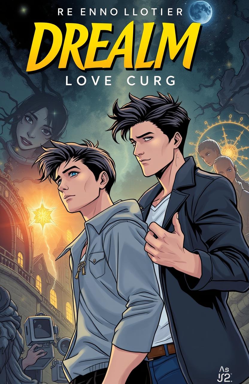 A romantic thriller comic cover featuring a handsome young man caught in a dream curse that threatens his relationship