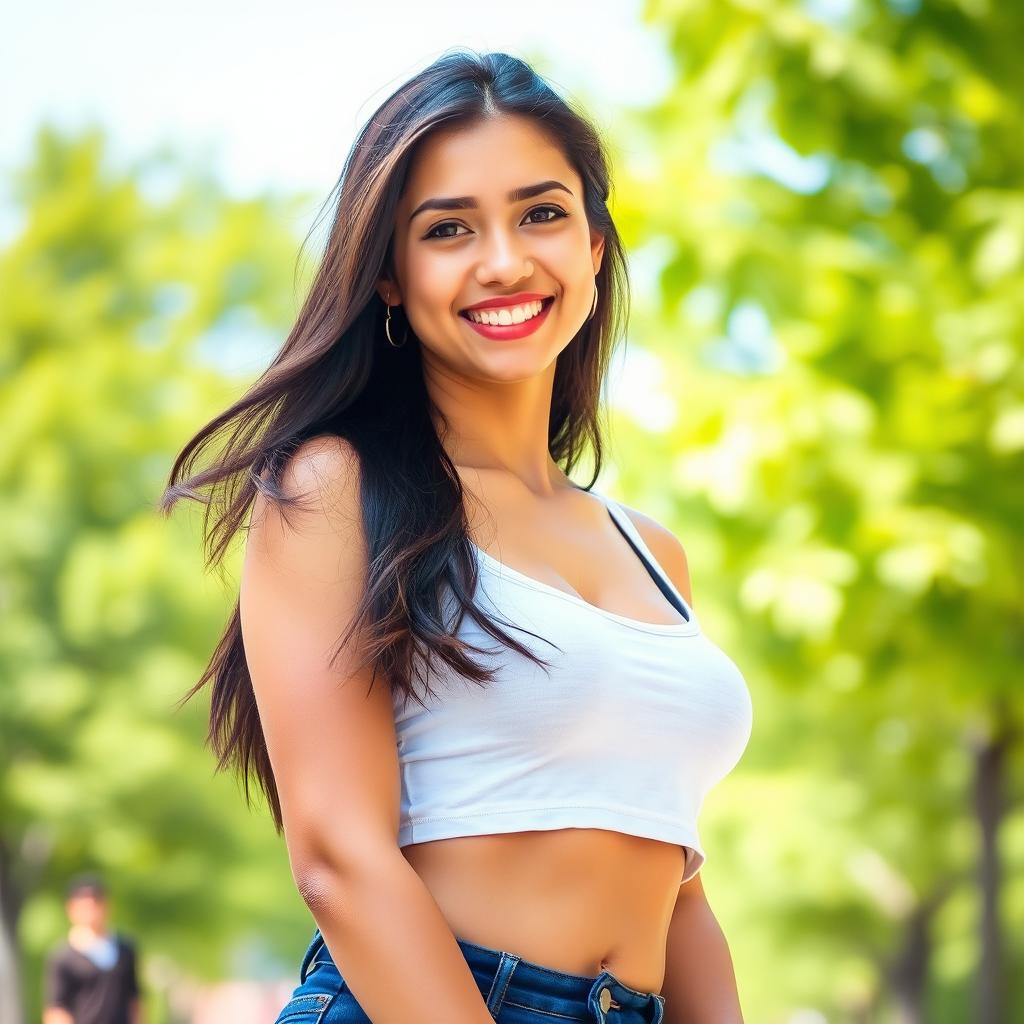 A young woman wearing a stylish tank top that emphasizes her curves, showcasing her confidence and personal style