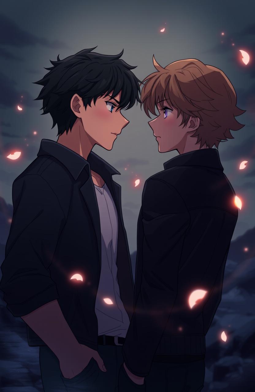 An animated romance thriller scene featuring two young men facing each other, one looking to the left and the other to the right