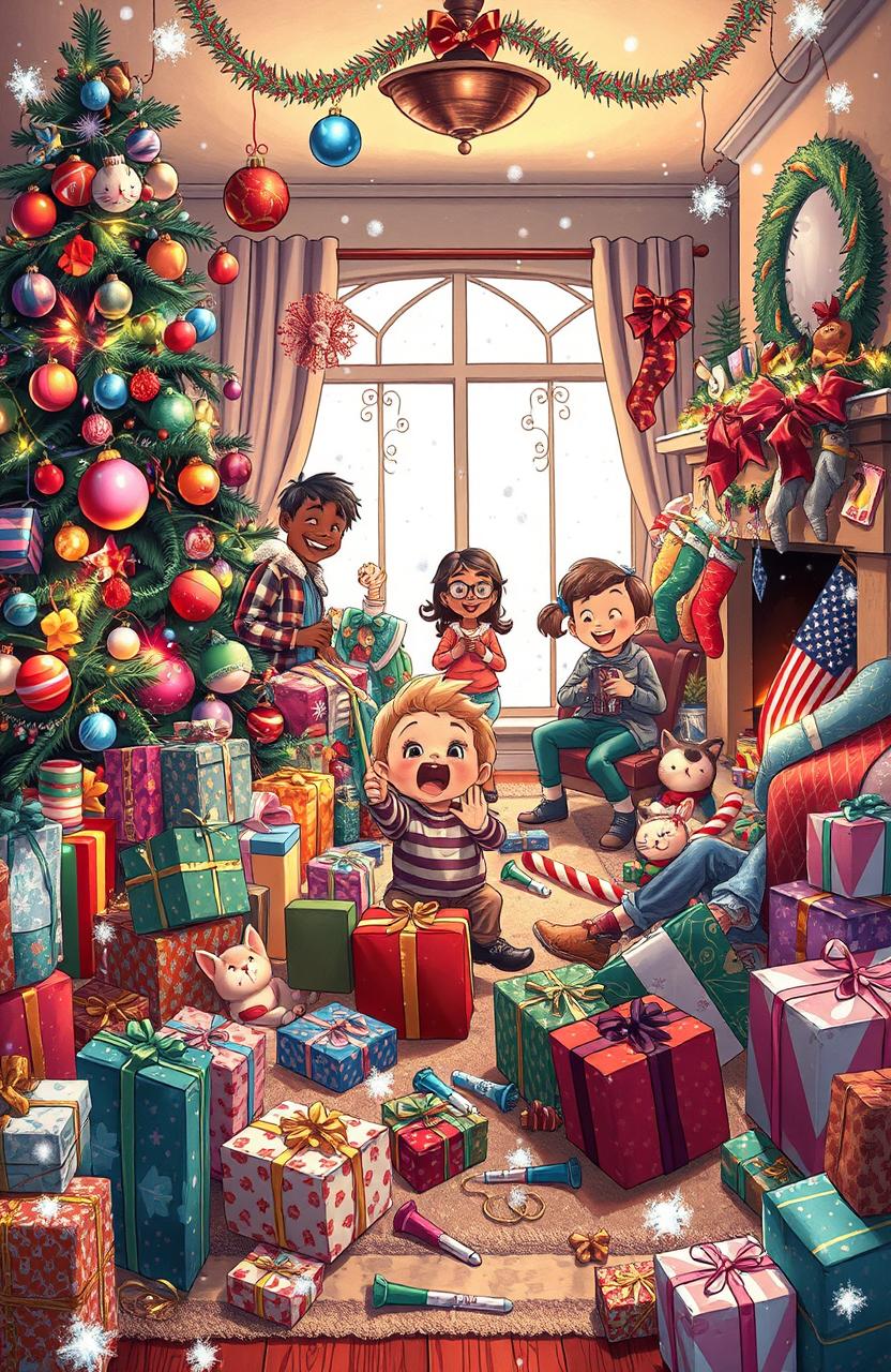 A whimsical and chaotic holiday scene capturing the essence of a Christmas catastrophe in 2024