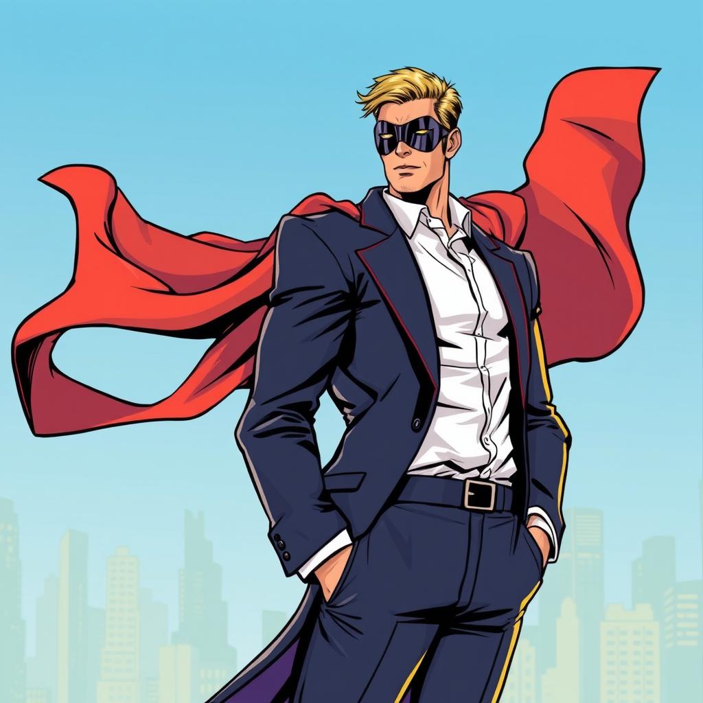 A confident man in a stylish suit adorned with a flowing cloak that billows dramatically behind him, wearing a sleek mask reminiscent of superhero designs
