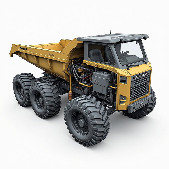 A technical design illustration of an electric dump truck, highlighting its intricate components and overall structure