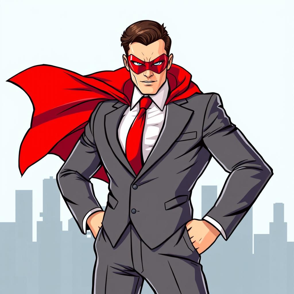 A powerful man in a sharp suit with a dramatic red cloak flowing behind him, wearing a sleek red mask reminiscent of superhero attire