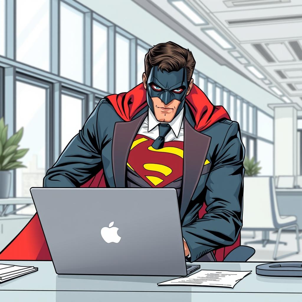 A man in a sharp suit, adorned with a dramatic cloak, striking a superhero pose reminiscent of Superman, is seated in a modern office setting