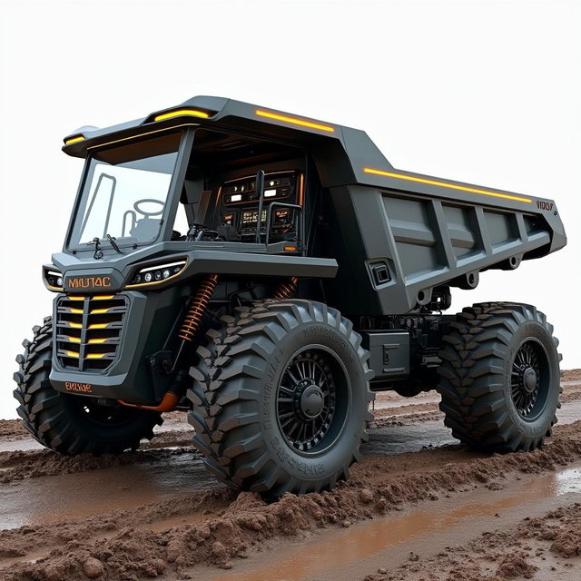An innovative technical design of an electrical dump truck, featuring a detailed cabin that showcases its intricate design and components