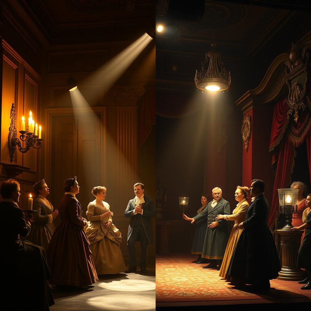 A comparative scene depicting a 19th century melodrama theatre with a split view showcasing candlelight on one side and gaslight on the other