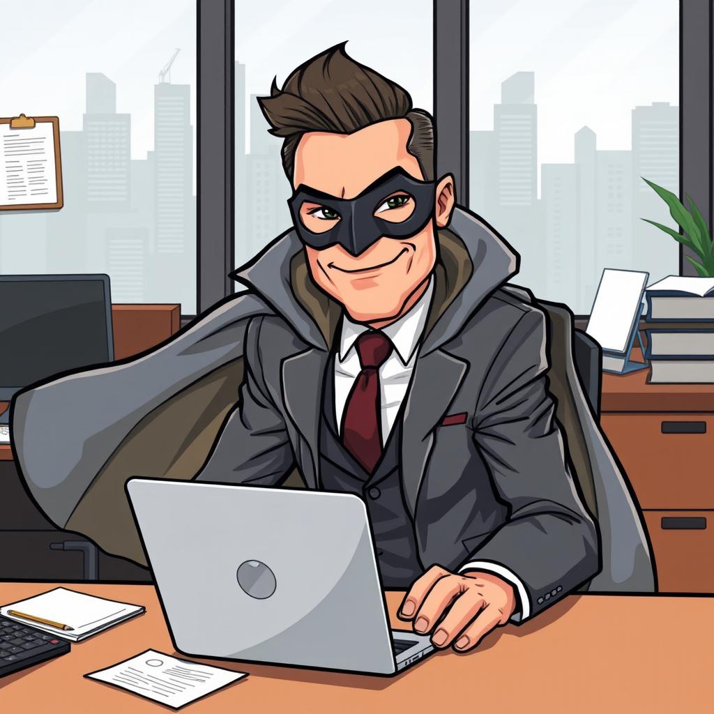 A cartoon illustration of a man in a sleek suit wearing a flowing cloak and a stylish mask, sitting confidently in an office environment before a laptop