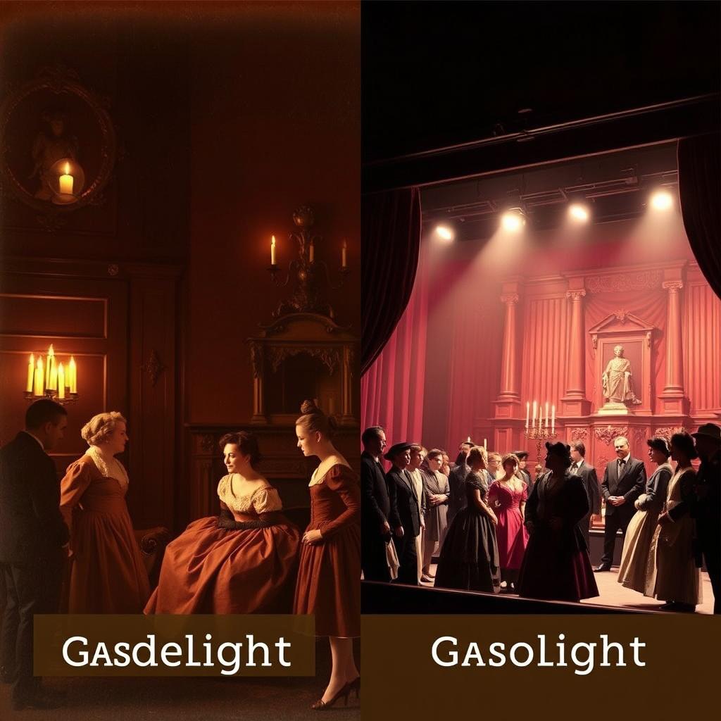 A pair of old photographs depicting the contrasting atmospheres of candlelight and gaslight in a 19th century melodrama setting