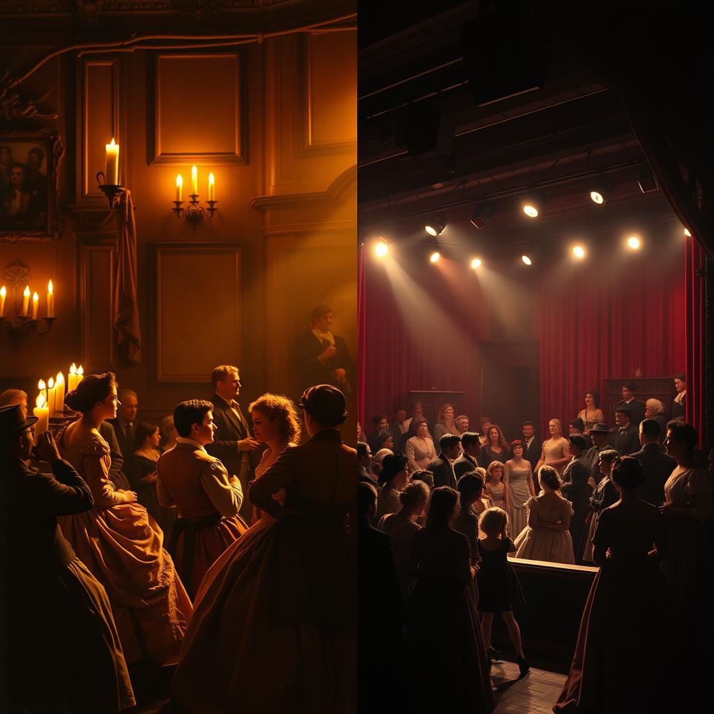 An artistic representation of contrasting 19th century melodrama scenes, split into two old photographs