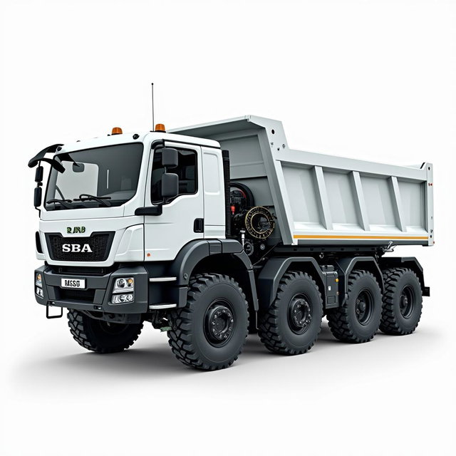 An electrical dump truck with a 15 cubic meter capacity, featuring a sleek white cabin that showcases its intricate design and components