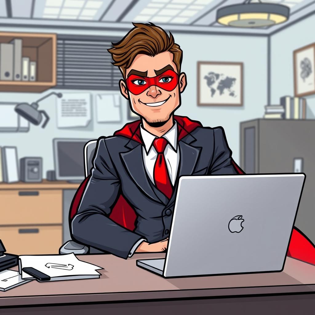 A cartoon man in a sleek suit, wearing a striking red cloak and a vibrant red mask, sitting confidently in an office in front of a modern laptop