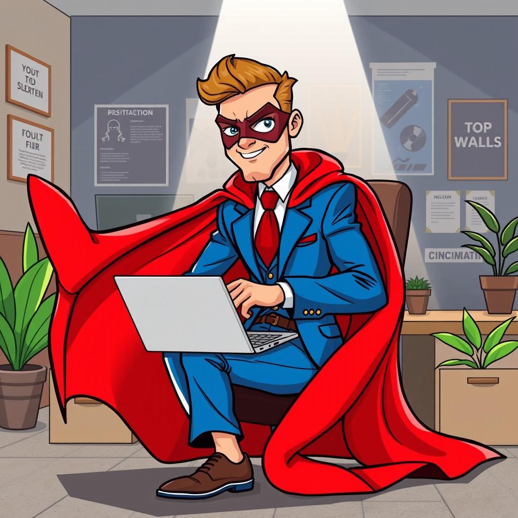 A cartoon man wearing a classic blue suit, with a flowing red cloak and a striking red mask, sitting confidently in an office environment