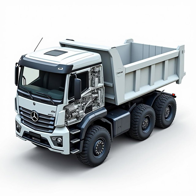 An impressive full electric dump truck with a capacity of 15 cubic meters, featuring a sleek white cabin that showcases its intricate design and components
