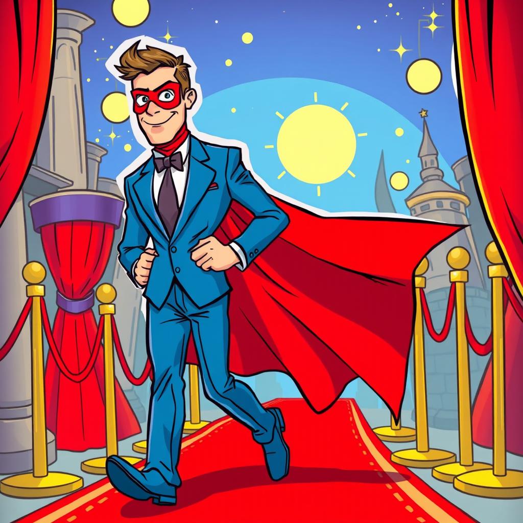 A cartoon man in a stylish blue suit, wearing a flowing red cloak and a matching red mask, confidently walking down an elegant red carpet