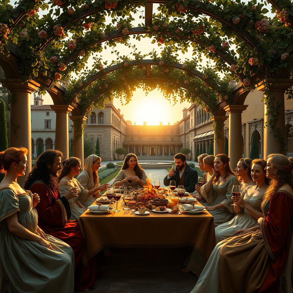 A captivating Renaissance style scene depicting a majestic outdoor banquet, with elegantly dressed people from the 16th century enjoying a feast under a beautifully arched pergola draped with vines and flowers