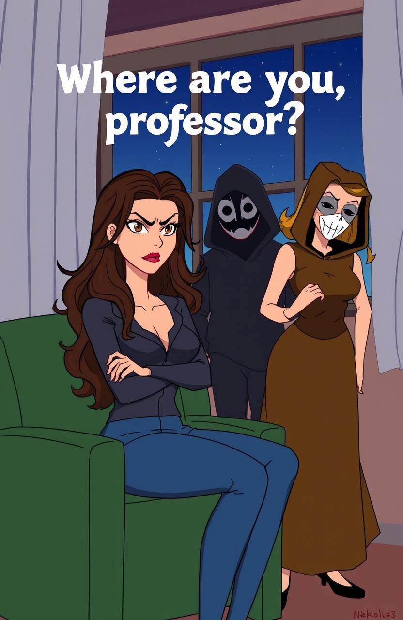 A cartoon animated scene featuring two women: one sitting confidently with a fierce expression, long wavy hair, and a night sky visible through a window in the background